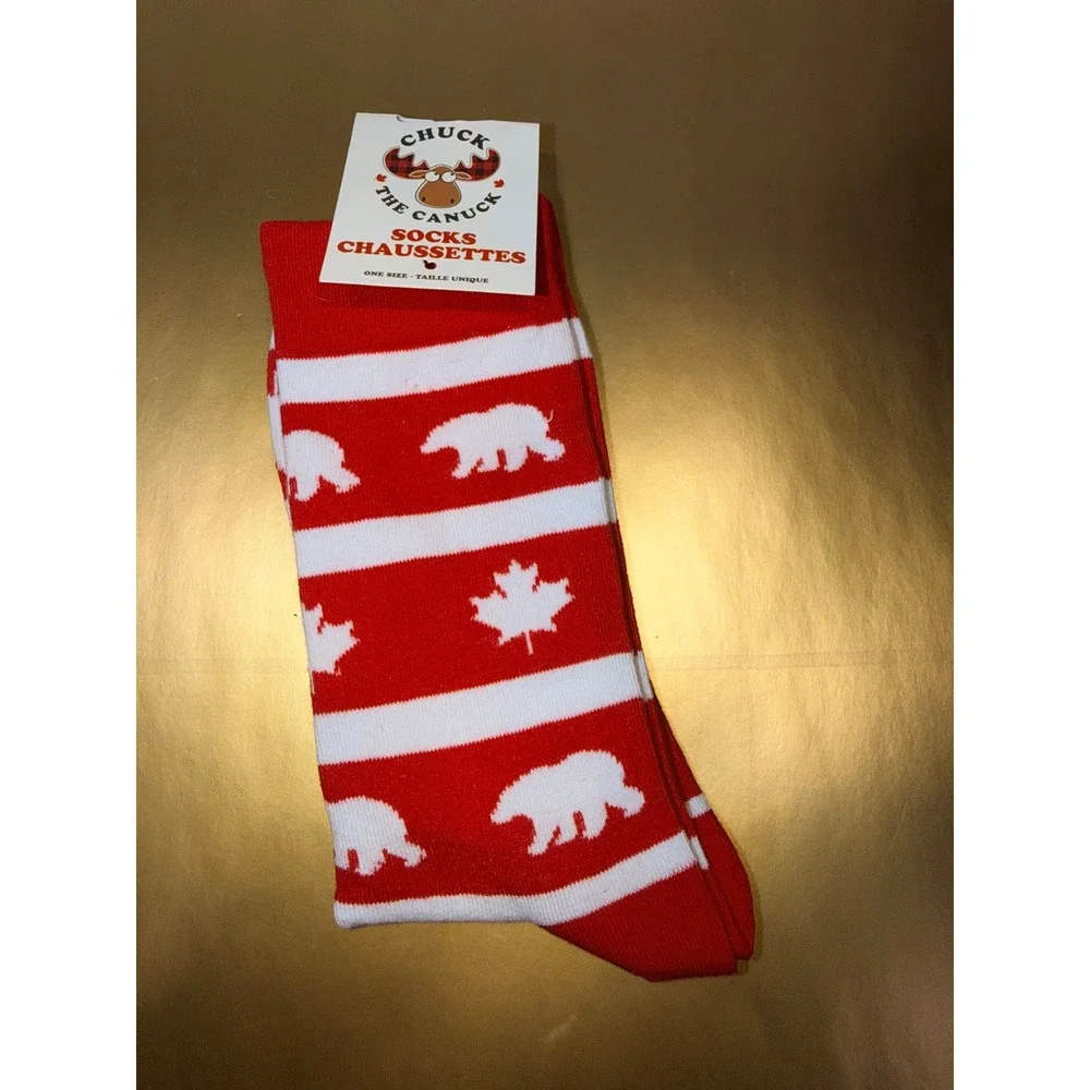 Chuck The Canuck Canada Red White Striped Polar Bear Maple Leaf‎ Crew Socks NWT